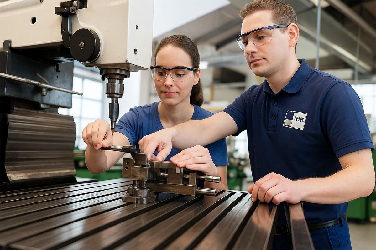 Eine junge Frau und ein Mann arbeiten gemeinsam an einer Maschine in einer Werkhalle. Beide tragen Schutzbrillen, der Mann trägt ein IHK-Poloshirt.